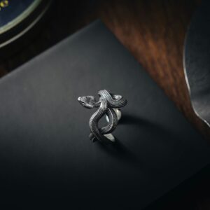 A stylish silver snake-shaped ring elegantly placed on a black notebook, showcasing intricate details and elegance.