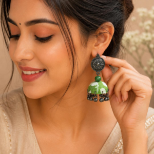 green fabric stud jhumka