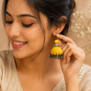 yellow fabric jhumka