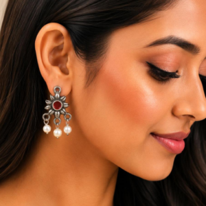 ruby bloom oxidised pearl drop earrings
