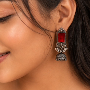 ruby glow oxidised jhumka earrings